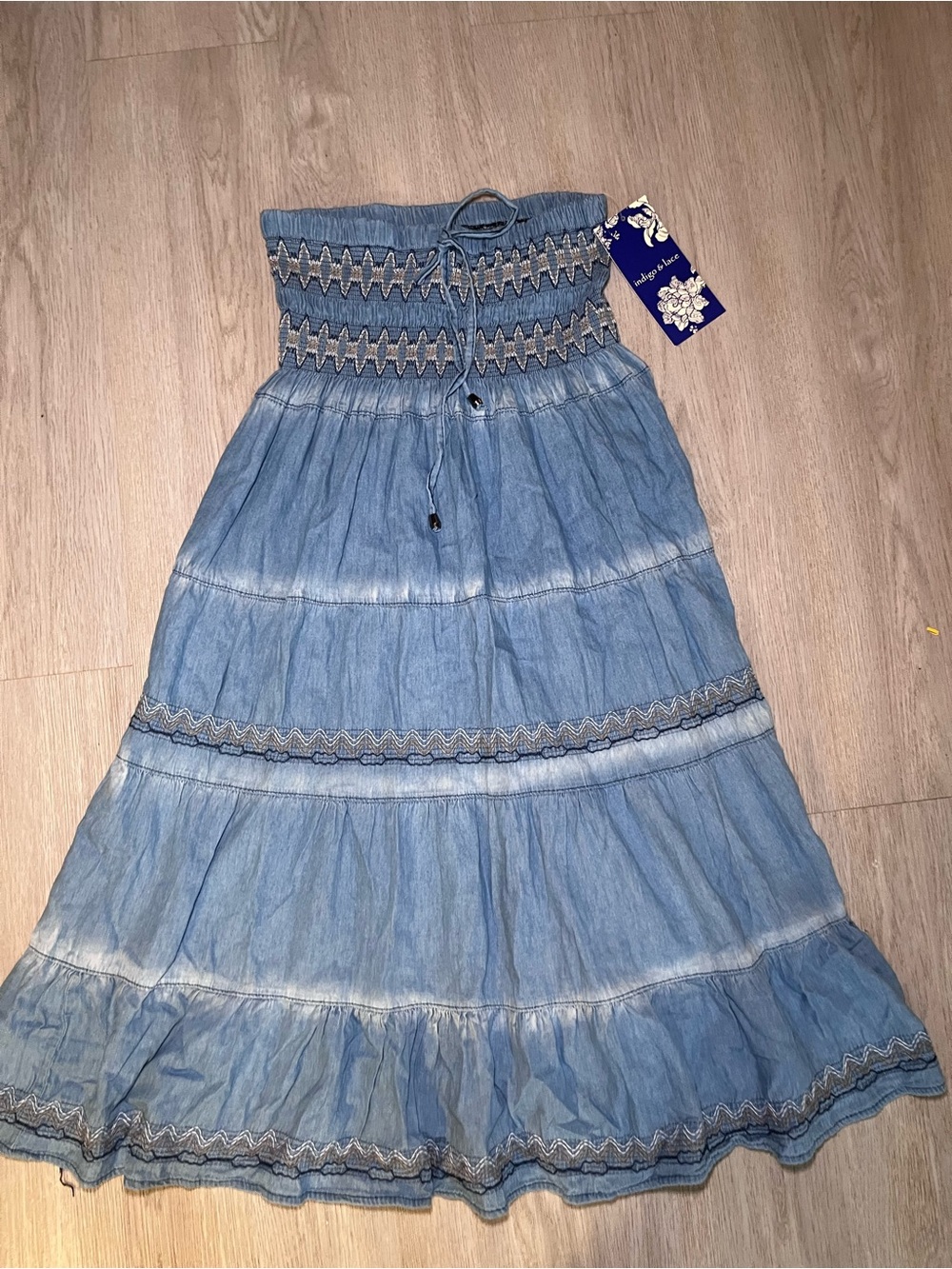 Indigo Blue Boho Smocked Denim Maxi Skirt Small NWT